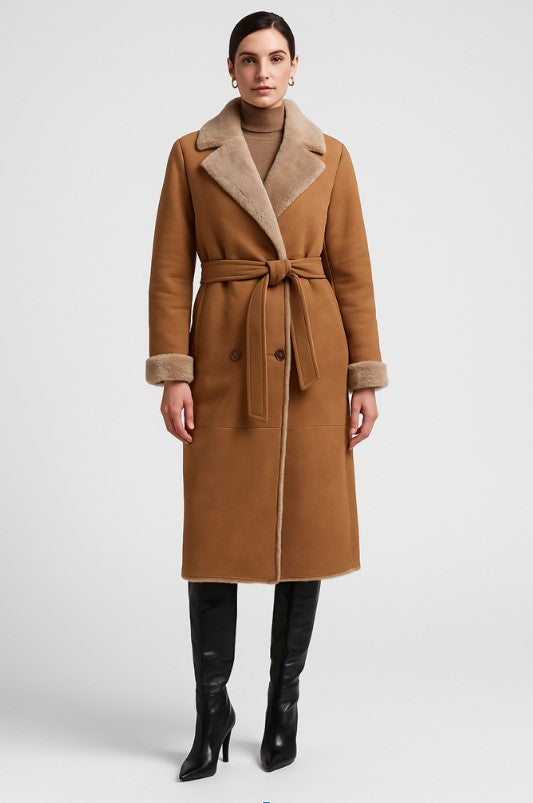 Desert Embrace Camel Shearling Wrap Coat