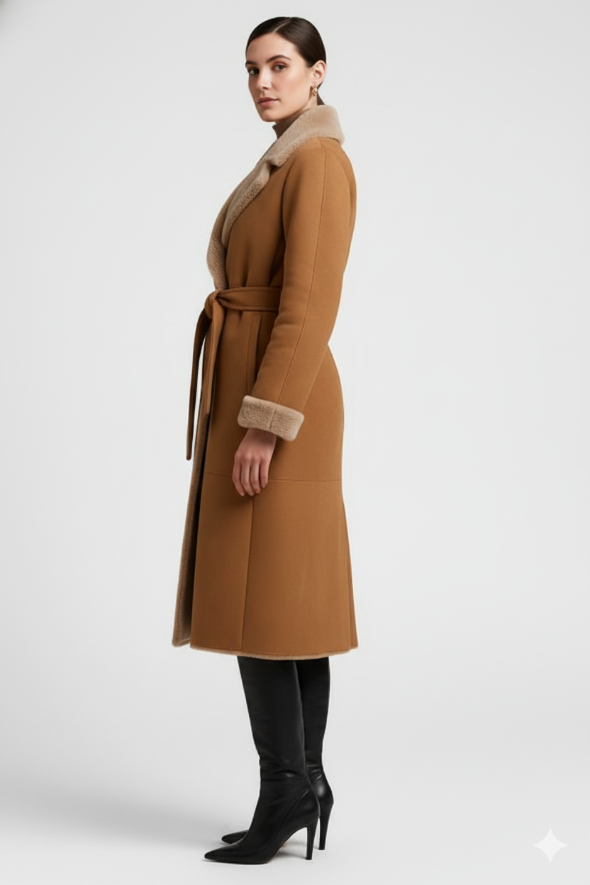 Desert Embrace Camel Shearling Wrap Coat